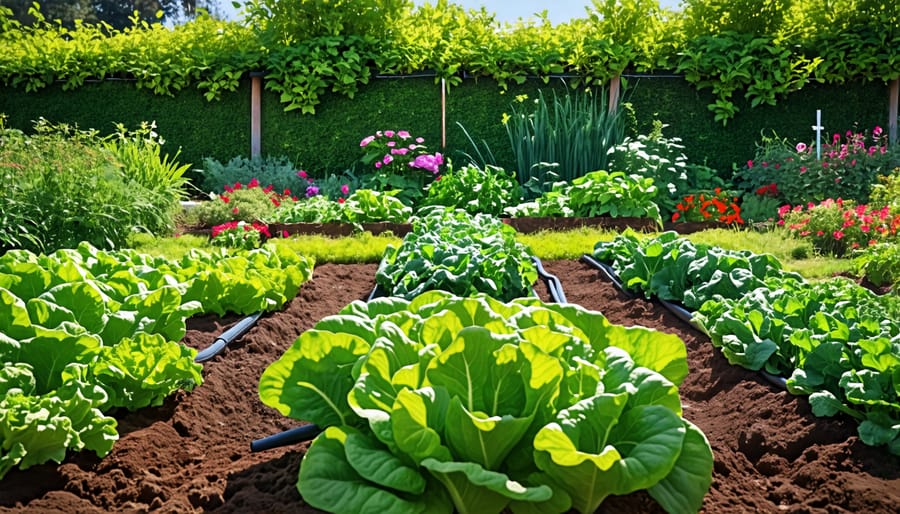 Sustainable garden with variety of vegetables and drip irrigation