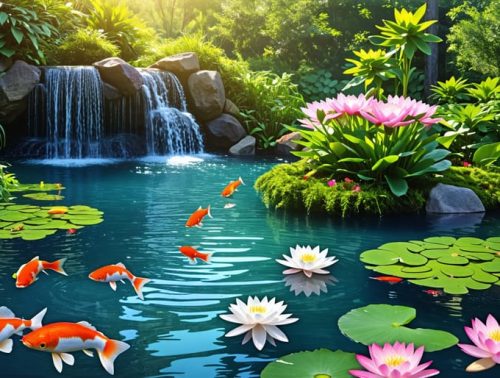 A peaceful water garden featuring native aquatic plants, colorful fish, and water lilies amidst cascading water and lush greenery, illustrating a harmonious aquatic ecosystem.