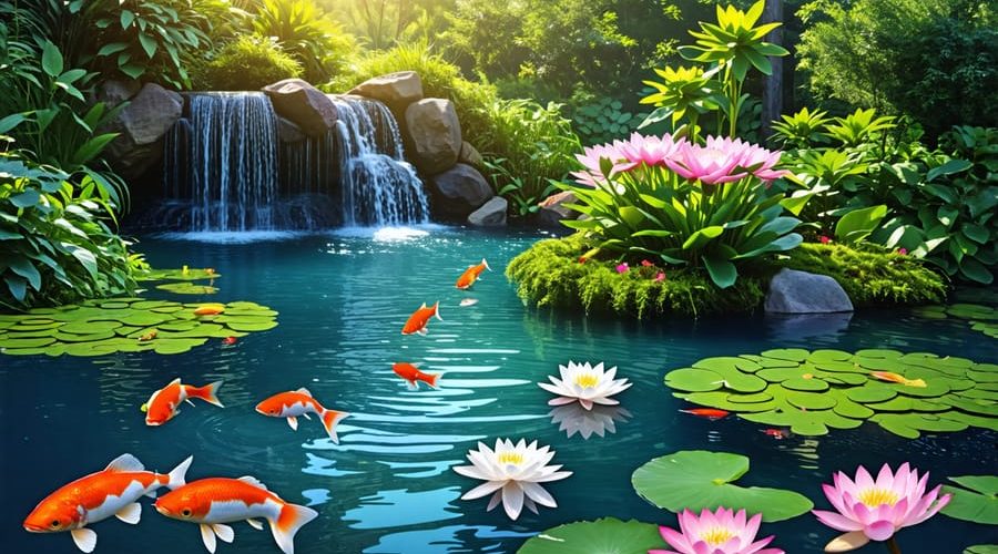 A peaceful water garden featuring native aquatic plants, colorful fish, and water lilies amidst cascading water and lush greenery, illustrating a harmonious aquatic ecosystem.