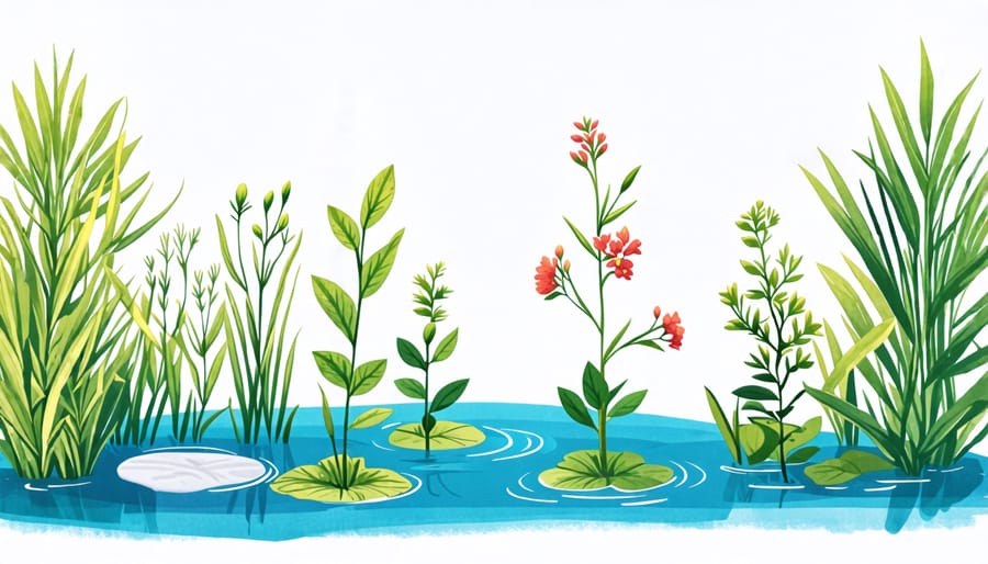 Illustration of steps involved in setting up a water garden for planting water plants