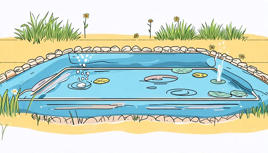 Diagram showing the steps to install a wildlife water guzzler in a backyard pond