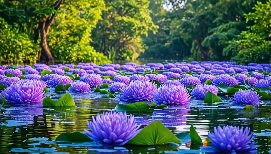 Pond surface overwhelmed by invasive water hyacinth growth