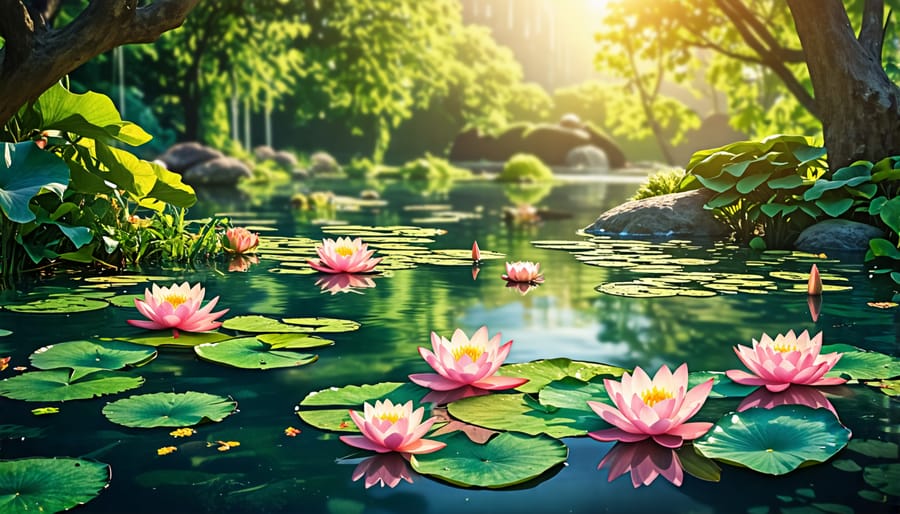 Vibrant water lilies and sacred lotus adorning a beautiful water garden