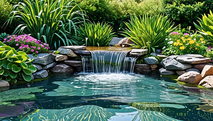 Beautiful, well-kept rainwater pond featuring clear water, plants, and a waterfall