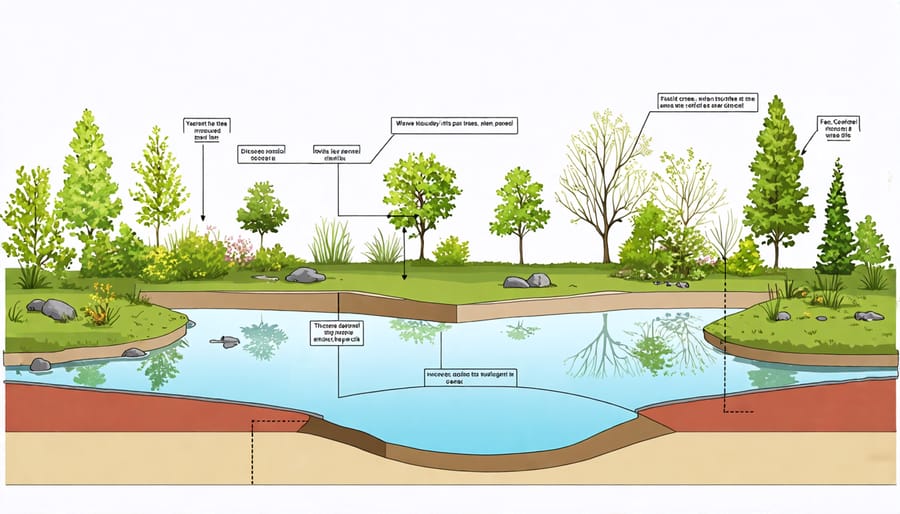 Cross-section diagram of a wildlife pond highlighting essential features