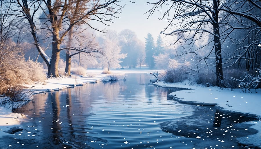 Winterized pond with coverings to maintain ecosystem health during cold weather