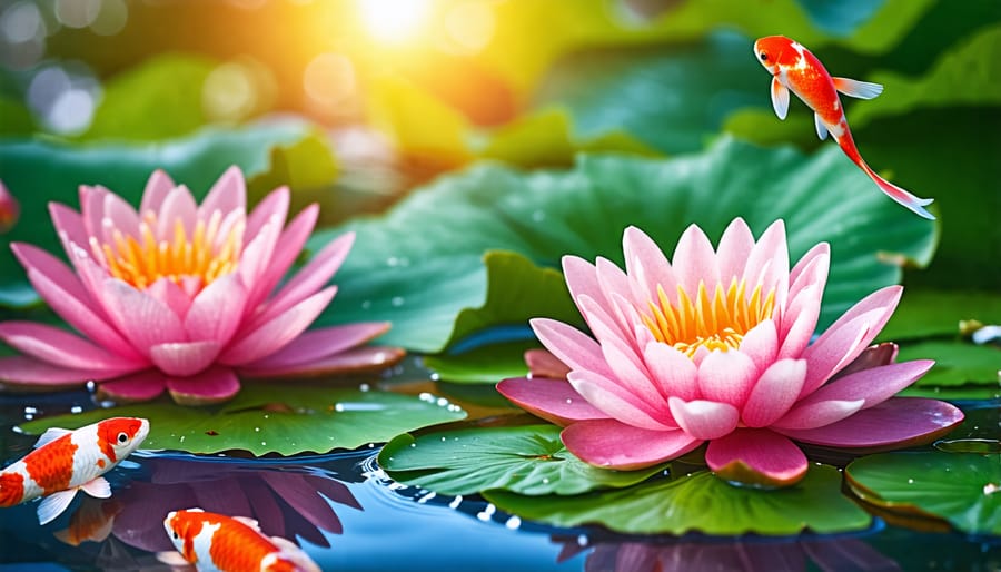 Water lilies and koi fish coexisting in a Zen pond, reflecting a balanced ecosystem.