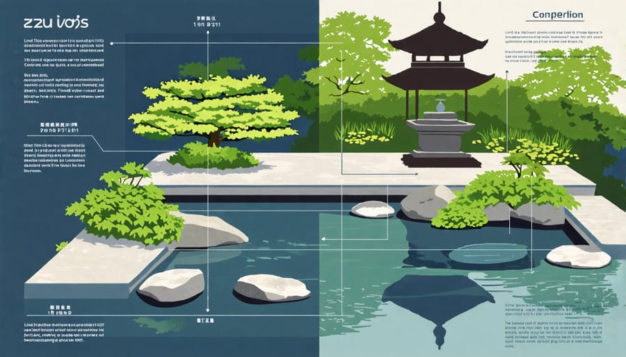 Illustration showing planning steps and layout design for a backyard Zen pond.