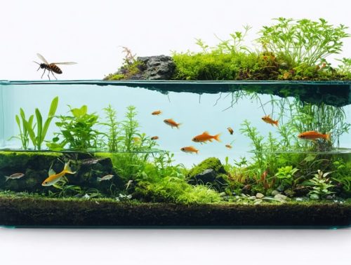 A detailed view of a pond microhabitat displaying diverse aquatic life, including plants, insects, and small fish, illustrating the vibrant and complex ecosystem in a miniature habitat.