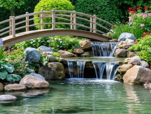 A tranquil backyard scene showcasing a pond with cascading natural stone waterfalls, a wooden bridge arching over the water, and abundant lush greenery.