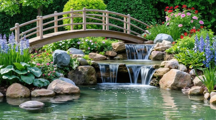 A tranquil backyard scene showcasing a pond with cascading natural stone waterfalls, a wooden bridge arching over the water, and abundant lush greenery.