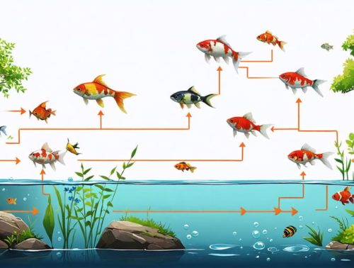 Vibrant illustration of a backyard pond's food chain with algae, fish, snails, and a koi as apex predator, showing energy flow and ecosystem balance.