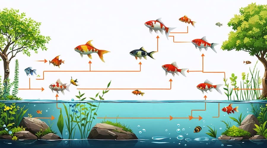 Vibrant illustration of a backyard pond's food chain with algae, fish, snails, and a koi as apex predator, showing energy flow and ecosystem balance.