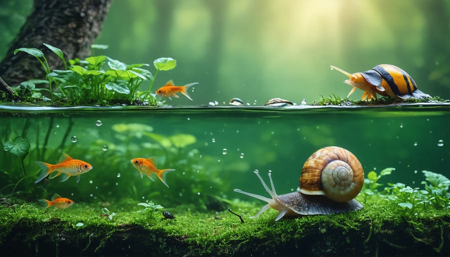 Underwater view of a healthy pond ecosystem with various aquatic organisms