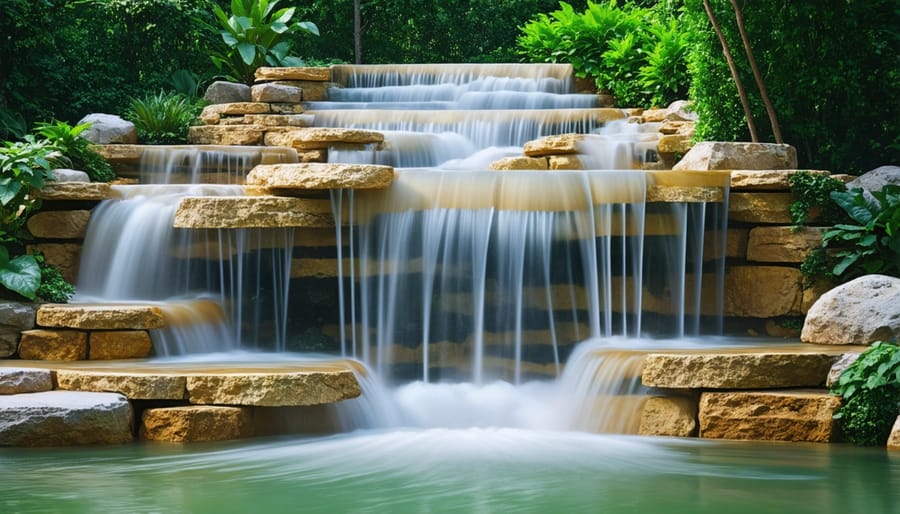 Natural stone waterfall in a pond with plants around it