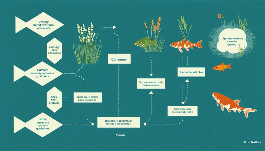 Diagram of a typical pond food chain, demonstrating energy transfer between trophic levels