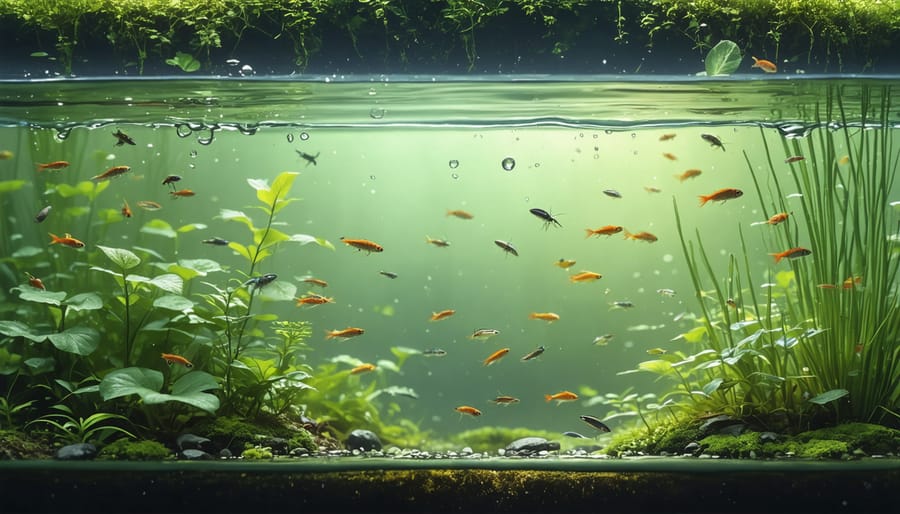 Thriving pond microhabitat with diverse aquatic life