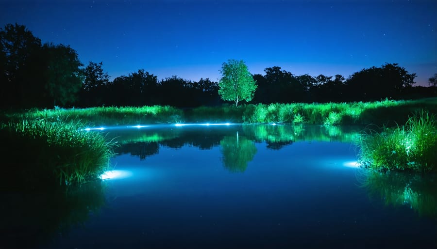 Pond with underwater lighting glowing in the dark