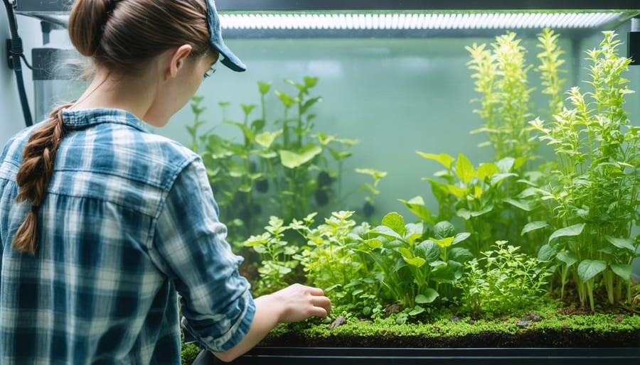 Aquaponics gardener performing routine maintenance tasks