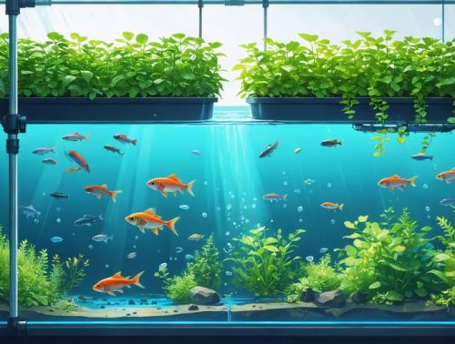 Conceptual illustration of an aquaponics system showcasing vibrant fish and flourishing plants, symbolizing a sustainable symbiotic relationship.