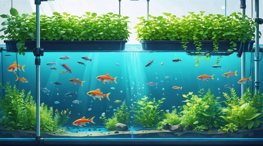 Conceptual illustration of an aquaponics system showcasing vibrant fish and flourishing plants, symbolizing a sustainable symbiotic relationship.