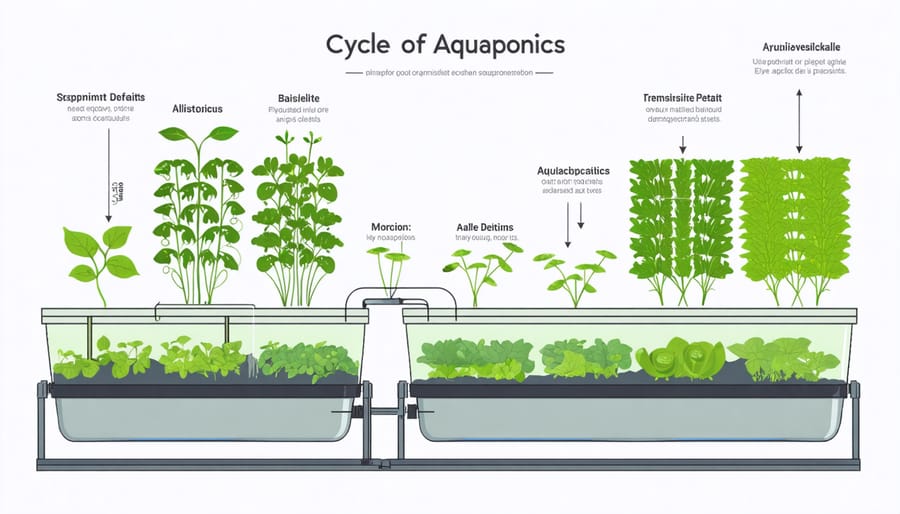 Illustration of an aquaponics system with fish tank, grow beds, and water circulation