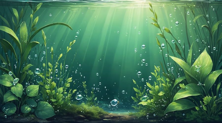 An illustration depicting different aquatic plants displaying adaptations such as flexible stems, floating leaves, and air spaces in plant tissues, showcasing how they thrive underwater.