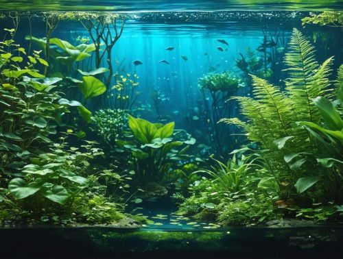 A captivating underwater garden showcasing diverse aquatic plants with unique adaptations such as thin, flowing leaves, lacunar air spaces, contrasting heterophyllous leaves, and holdfast structures anchoring them to rocks.