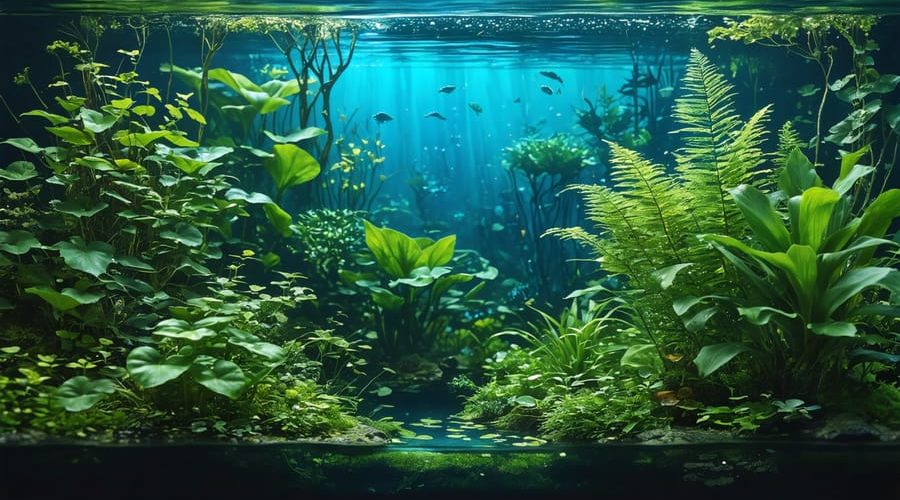 A captivating underwater garden showcasing diverse aquatic plants with unique adaptations such as thin, flowing leaves, lacunar air spaces, contrasting heterophyllous leaves, and holdfast structures anchoring them to rocks.