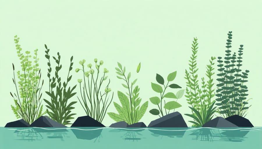 Diagram of aquatic plant placement in a natural water garden