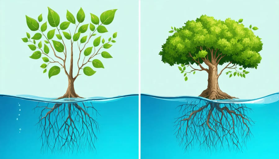 Diagram illustrating the reduced root systems of aquatic plants compared to terrestrial plants