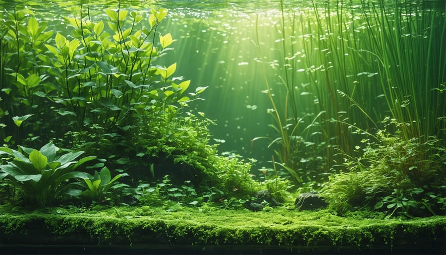 Submerged aquatic vegetation and algae thriving in a clear pond