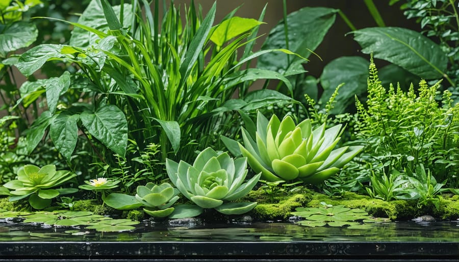 Collage of aquatic plant species that absorb excess nutrients and purify water in natural ponds