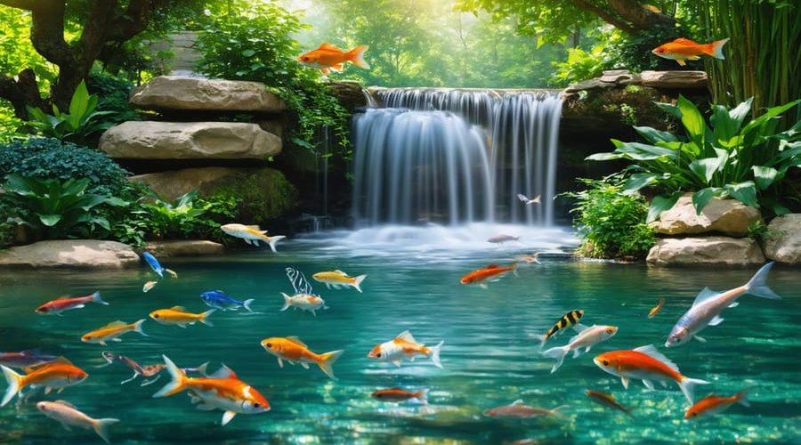 A peaceful backyard pond with a waterfall, surrounded by vibrant plants and home to colorful fish, creating a tranquil oasis.