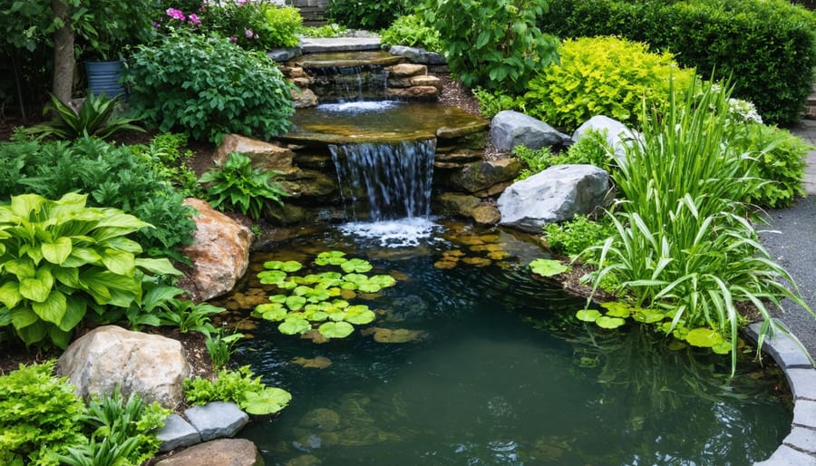 Aerial view of a thriving backyard pond habitat with diverse aquatic plants and a waterfall