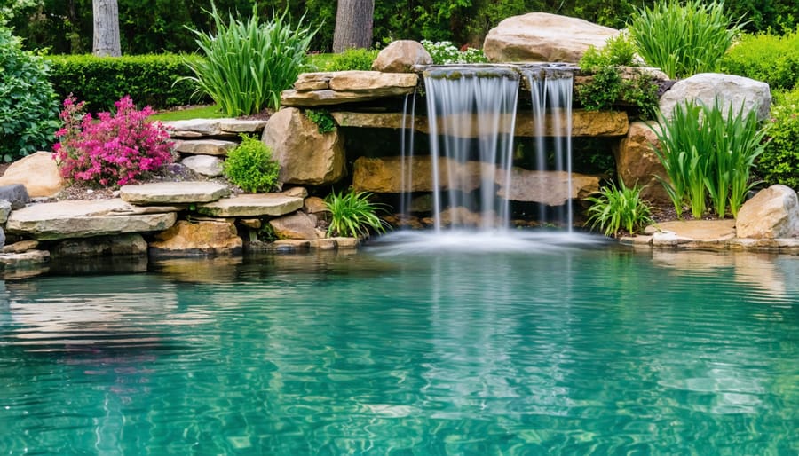 Tranquil backyard pond habitat with waterfall and thriving ecosystem