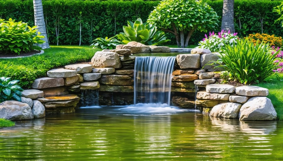 Picturesque backyard pond with waterfall, plants, and rocks