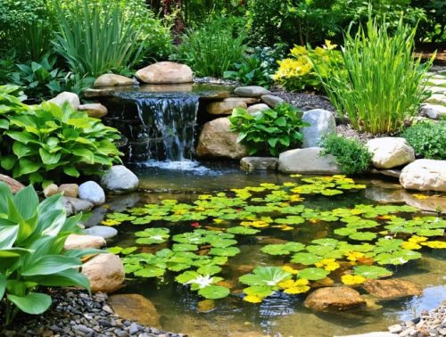 A tranquil backyard wildlife pond rich with diverse aquatic plants and natural stone borders illuminated by sunlight, creating a peaceful habitat oasis.