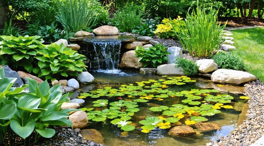 A tranquil backyard wildlife pond rich with diverse aquatic plants and natural stone borders illuminated by sunlight, creating a peaceful habitat oasis.