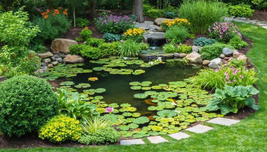 Aerial shot of a thriving backyard wildlife pond with aquatic plants and natural stone borders