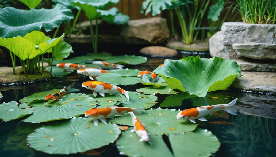 Closeup of a well-balanced koi pond with diverse aquatic plants