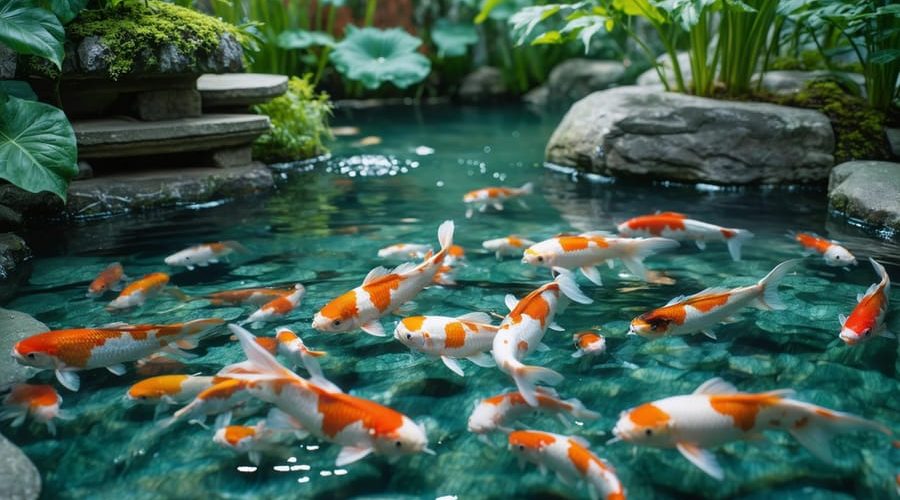 A serene koi pond featuring crystal-clear water, vibrant colorful koi fish, and diverse aquatic plants, embodying the balance and tranquility of a natural ecosystem.