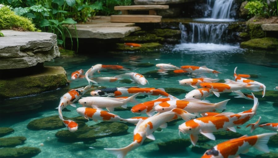 A well-balanced koi pond ecosystem showcasing clear water, thriving plants, and healthy koi fish