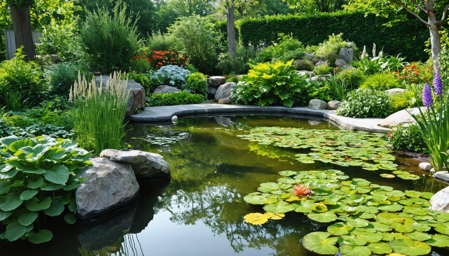 An attractive wildlife pond with diverse aquatic plants and natural landscaping