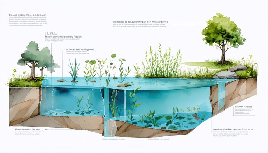 Schematic showing how beneficial bacteria break down organic matter in a natural pond filtration system