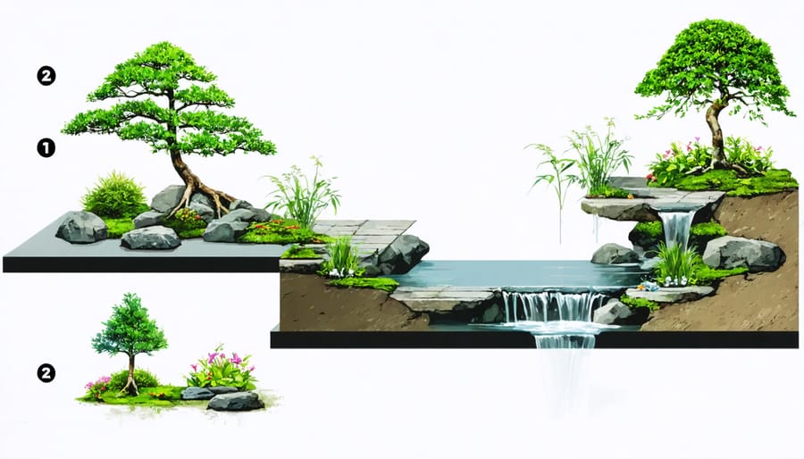 Illustrated guide showing the construction stages of a zen water garden