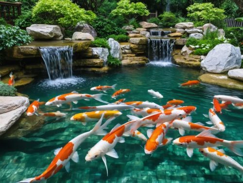 Elegant koi pond with colorful koi fish, lily pads, and Japanese garden landscaping, featuring a gentle waterfall for a serene backyard setting.