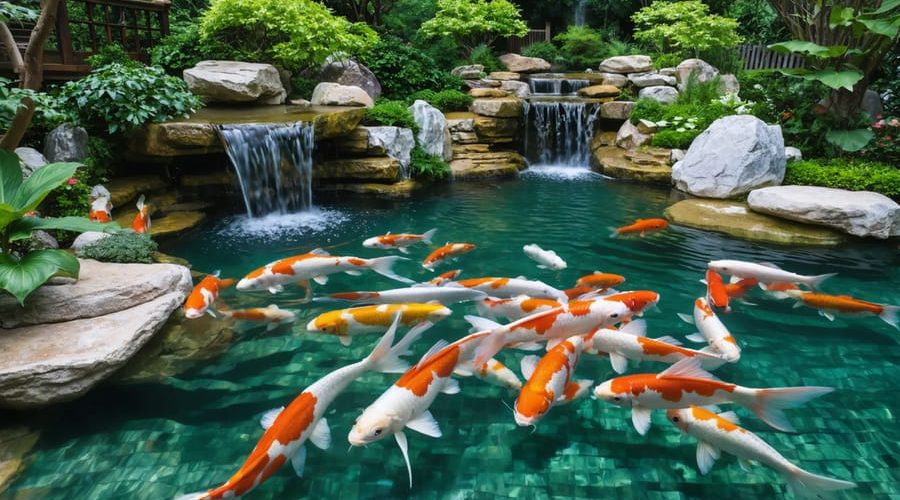 Elegant koi pond with colorful koi fish, lily pads, and Japanese garden landscaping, featuring a gentle waterfall for a serene backyard setting.