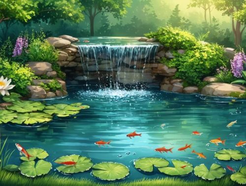 A beautifully clear backyard pond featuring a small waterfall, lily pads, and colorful fish swimming beneath the surface, showcasing a balanced aquatic ecosystem.