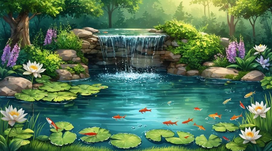 A beautifully clear backyard pond featuring a small waterfall, lily pads, and colorful fish swimming beneath the surface, showcasing a balanced aquatic ecosystem.